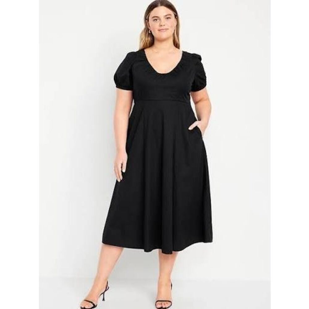 Old Navy Black Puff Sleeve Smocked Midi Swing Dress Size XXL